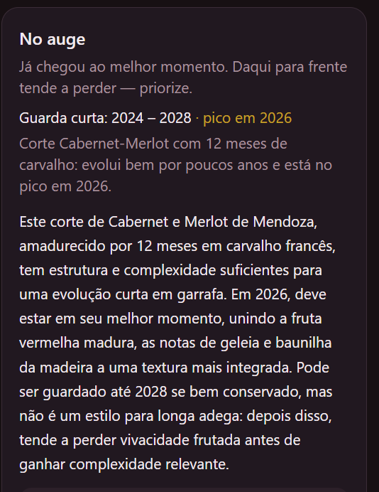 Cartão da análise: No auge, guarda curta de 2024 a 2028, pico em 2026, seguido da justificativa escrita sobre o corte Cabernet-Merlot.
